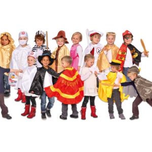 Kostuumset voor kinderen (3-7 jaar) met 13 kostuums, waaronder postbode, prinses en dokter, in kleurrijke outfits.