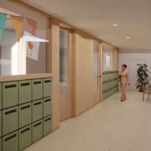 Lockers van natuurlijk berken multiplex in diverse kleuren, met fotolijstjes en luchtsleuven, in een moderne gang.