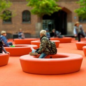 Ronde, oranje bankloop met kinderen die erop zitten, geplaatst op een levendige buitenruimte.