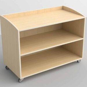 Montessori Peuter Toonkast van FSC-gecertificeerd hout met twee open planken en wielen voor eenvoudig verplaatsen.