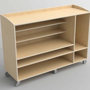 Montessori kast van FSC berken multiplex met meerdere planken, blank gelakt, op wielen voor eenvoudig verplaatsen.
