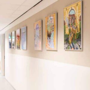 Wand- en plafond ophangsystemen met kunstwerken aan de muur, inclusief een horizontale spandraad.
