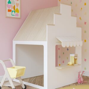 Speelhuis winkel Lille DK in wit decor met houten dak, ideaal voor kinderopvang en spelontwikkeling.