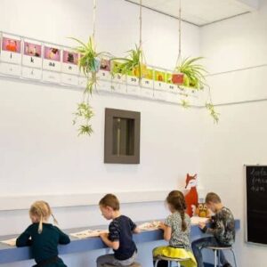 Papergrip rails aan de muur, met tekeningen en posters, ideaal voor scholen en klaslokalen.
