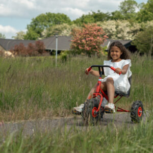 ROSE kinderdriewieler met tractorbanden, metalen frame en kunststof zitting, gebruikt door een lachend meisje in een veld.