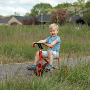 Mini driewieler met houten zitting, pedalen en massieve rubberen banden, gebruikt door een kind in een grasrijke omgeving.