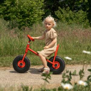 ROZE loopfiets met ballonbanden, houten zitting en metalen frame, gebruikt door een meisje op een pad in de natuur.