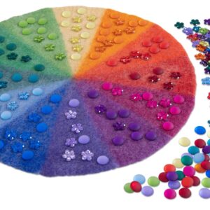 Vilt mat met regenboogkleurenwiel, 12 kleurvlakken en kleurrijke speelfiguren voor educatief spel.