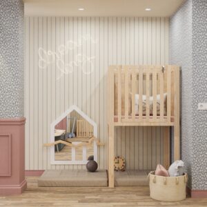 Verhoogde box van berken multiplex met antibacteriële HPL toplaag, ontworpen voor kinderopvang en comfort.