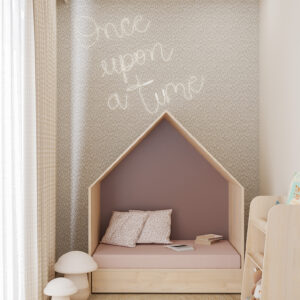 Leeshuis met houten frame, zachte kussens, en een decoratieve muur met de tekst Once upon a time.