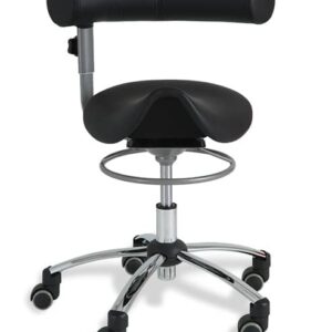 Sanus® zadelkruk met rugleuning, ergonomisch ontwerp, zadelvormige zitting, verstelbare hoogte, wielen voor mobiliteit.