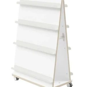 SHOW CASE boekenwagen met vier planken, wit en ruimtebesparend, op wielen voor flexibele plaatsing van boeken en tijdschri...