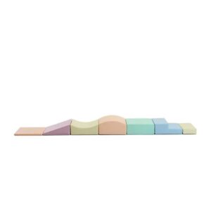 Kruip speelset met verschillende zachte vormen in pastelkleuren, ideaal voor babys spel en ontwikkeling.