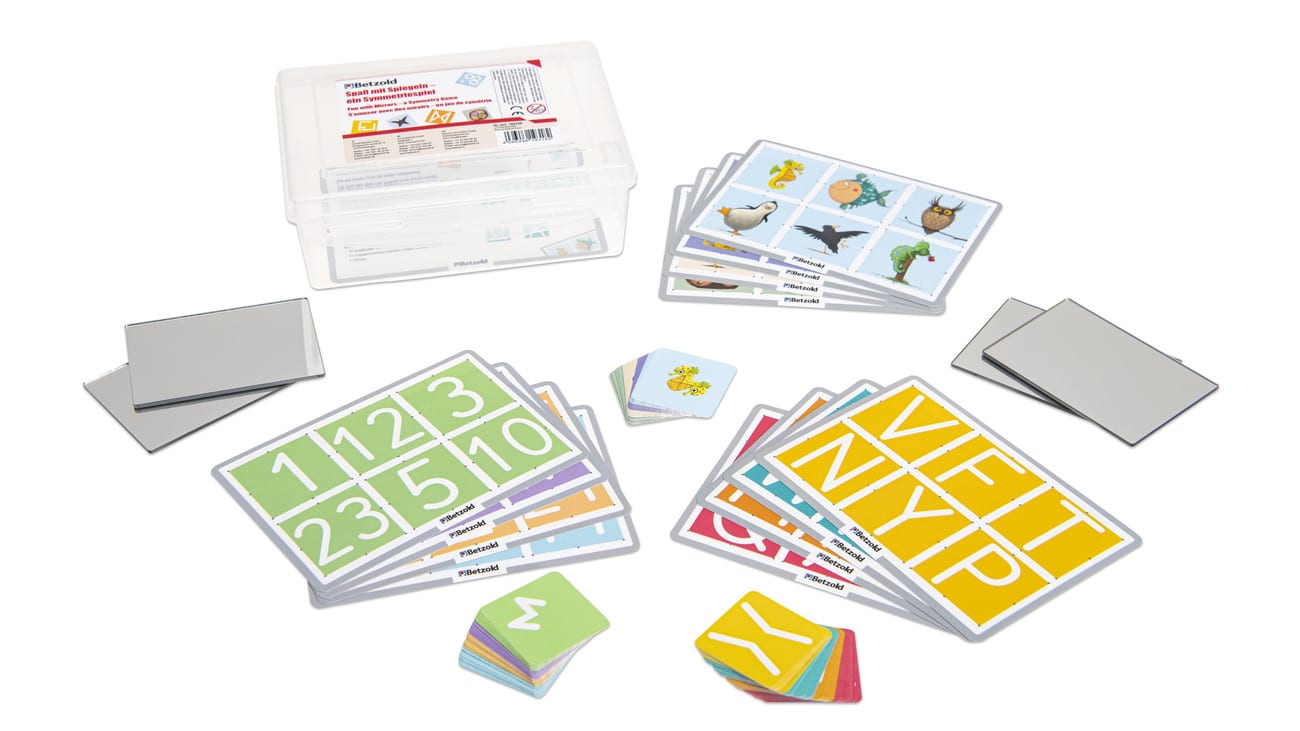 Spiegelspel symmetrie met kaarten, spiegels en een opbergdoos, geschikt voor kinderen vanaf 5 jaar.