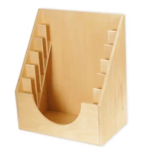 Houten sluitingenhouder met meerdere compartimenten voor ritsen, knopen, gespen en haken, bevorderlijk voor fijne motoriek.