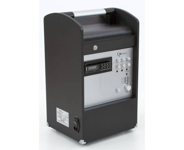 TLS M100 Blue zaalversterker met bedieningspaneel en handvat, zwart met zilveren details.