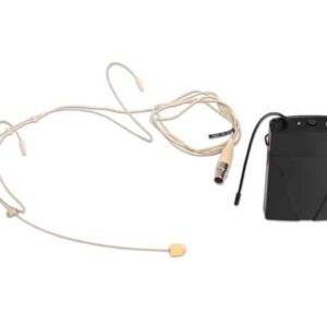 Professionele TLS headset-microfoon met zakzender, beige kleur, geschikt voor evenementen en presentaties.