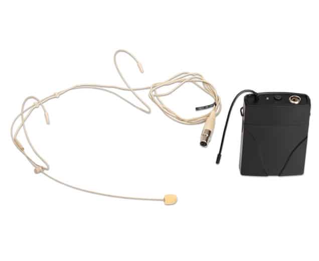 Professionele TLS headset-microfoon met zakzender, beige kleur, geschikt voor evenementen en presentaties.
