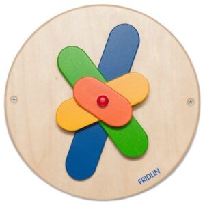 Kleurrijk rotatiespel met houten schijven in groen, blauw, geel en oranje voor het stimuleren van motoriek en concentratie.