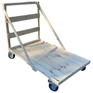 X-Block transportwagen van hout, geschikt voor 52 blokken, met 4 zwenkwielen en afmetingen van 73cm breed en 120cm lang.