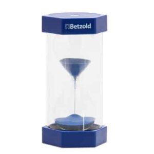 Blauwe zandloper van 5 minuten, groot formaat, met transparante behuizing en een stevige basis.