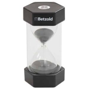 Zwarte zandloper van 30 minuten, met een hexagonale basis en duidelijk afleesbare timer. Perfect voor tijdmanagement.