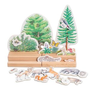 Educatief spel Het leven in het bos met 25 houten en geprinte elementen van bomen en dieren.