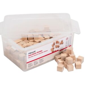 Cubo houten blokjes, 150 stuks van 2x2 cm in transparante opbergbox, ideaal voor meetkunde en ruimtelijk inzicht.