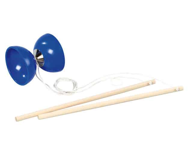 Blauwe diabolo met handstokken, doorsnee 10 cm, geschikt voor evenwichtskunstenaars en jongleren.
