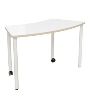 Flex Segment Tafel 360 met een gebogen, witte bovenkant en wielen voor gemakkelijke verplaatsing, ideaal voor onderwijsrui...