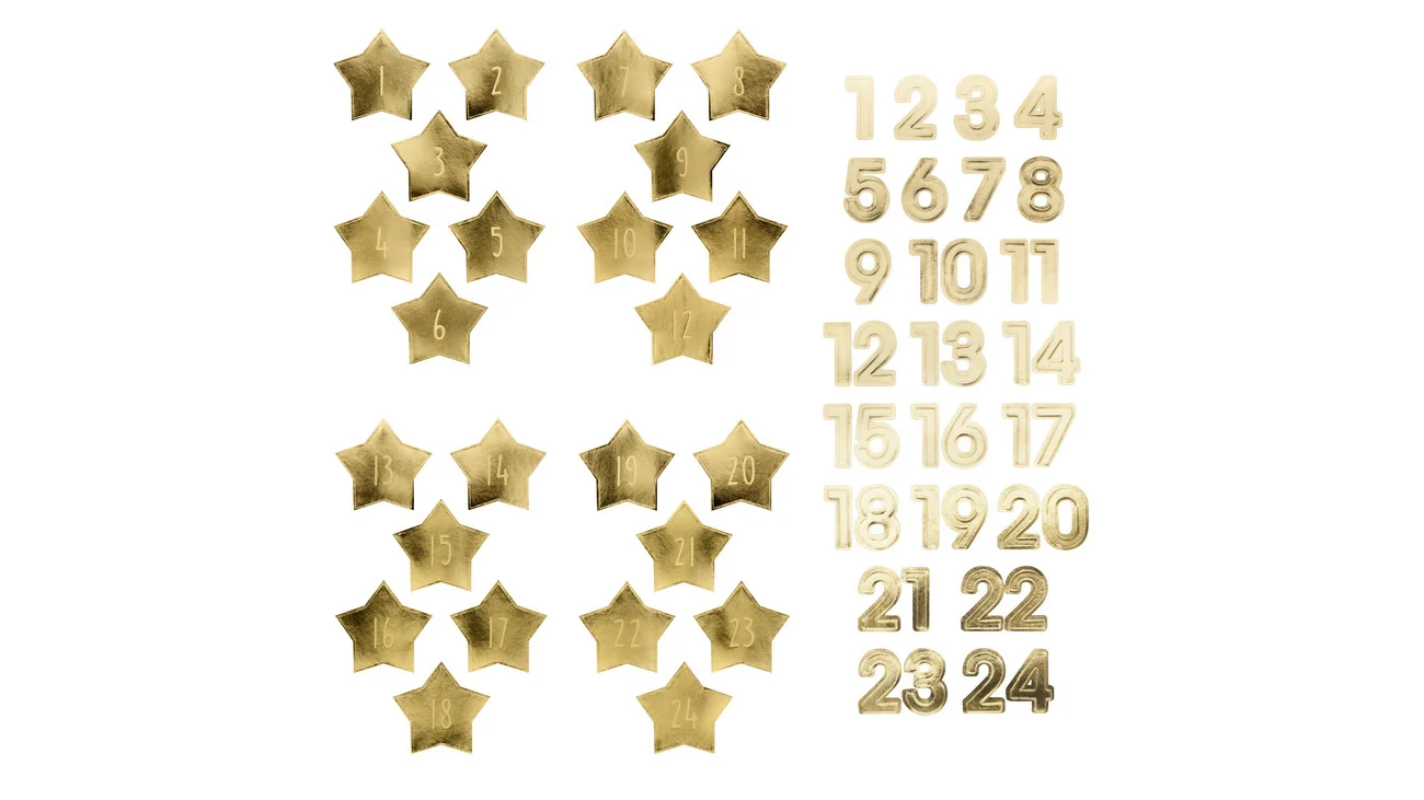 Gouden zelfklevende adventskalenderstickers met nummers 1-24 in stervorm voor het aftellen naar Kerstmis.