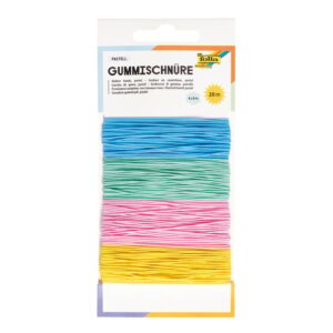 Gummikoordenset met 4 pastel kleuren: blauw, roze, geel en groen, ideaal voor knutselprojecten en decoraties.