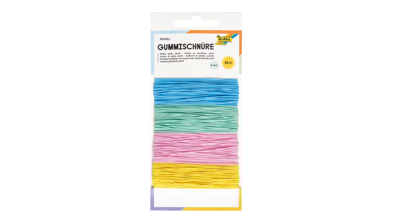 Gummikoordenset met 4 pastel kleuren: blauw, roze, geel en groen, ideaal voor knutselprojecten en decoraties.