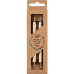 Set van 2 reliëf- en prikpennen in een kartonnen verpakking, ideaal voor embossen en prikken bij knutselprojecten.