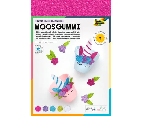 Vijf vellen zelfklevend glitterfoam in vrolijke kleuren, perfect voor knutselen en versieren van projecten.