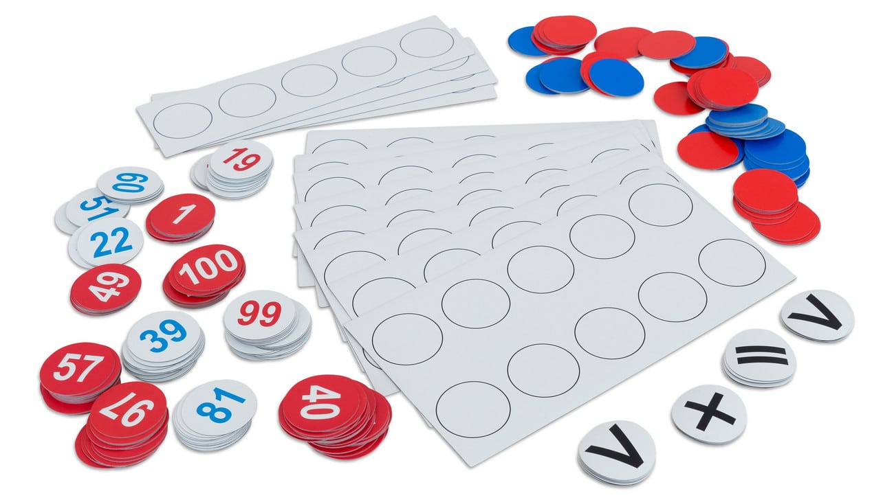Magnetisch rekenmateriaal tot 100 met magneetstrips en gekleurde cijfers en symbolen voor telrij en getalbegrip.