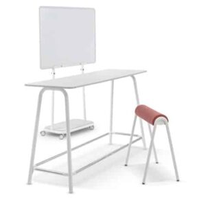 Statafel Lab High Desk met witte tafelblad, metalen frame en hoge kruk, ideaal voor staand werken of overleggen.