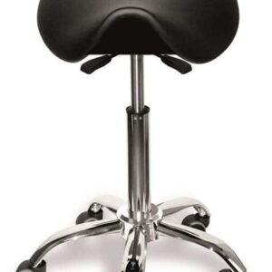 Ergonomische Sanus® Zadelkruk met zadelvorm, verstelbare hoogte en vijf wielen voor optimale bewegingsvrijheid.