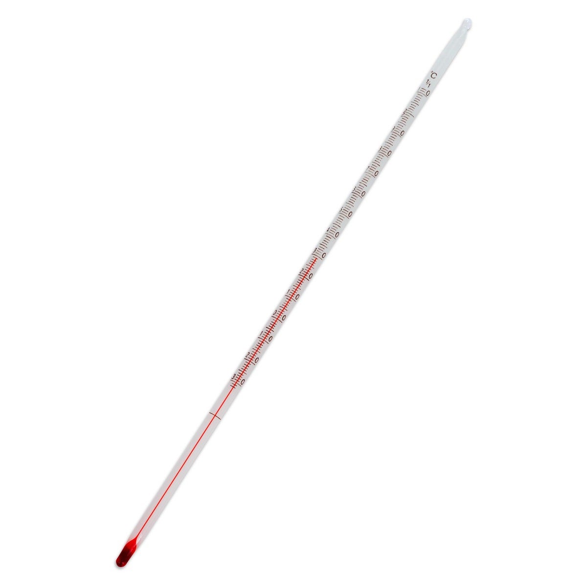 Glazen thermometer met plastic beschermbuis, meetbereik van -30°C tot 100°C, ideaal voor scheikundelessen.