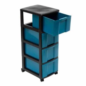 Duurzame rolcontainer TreeNside met warme houtlook en wielen, voorzien van meerdere opbergvakken in blauw.