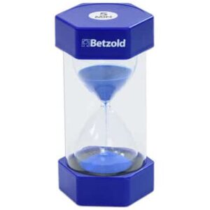 Blauwe zandloper van 5 minuten met hexagonale basis, ideaal voor tijdmanagement en klassenmanagement.