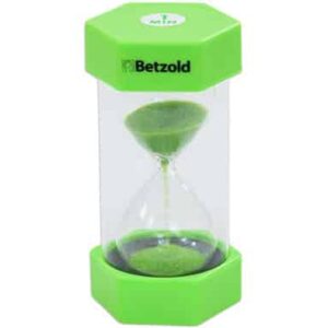 Kleine groene zandloper van 1 minuut, met transparante behuizing en hexagonale basis, ideaal voor timemanagement.